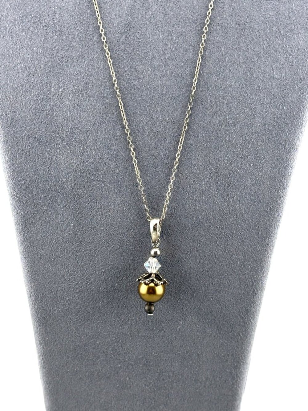 Bronze Pearl Necklace Crystal Pendant Silver Tone 17.5"